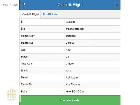 MARMARA EREĞLİSİ DEREAĞZI 286 M2 SATILIK VİLLA İMARLI ARSA